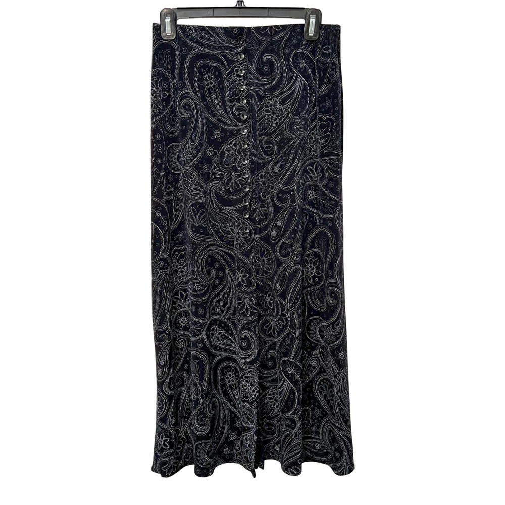 Briggs Petite Black Silver Dotted Paisley Button Accent Midi Skirt MP VTG 90s